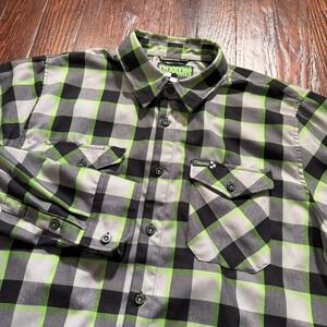 Dixxon Flannel Shirt Mens 2XL Black Green Gray Plaid The Last Lap Button Up
